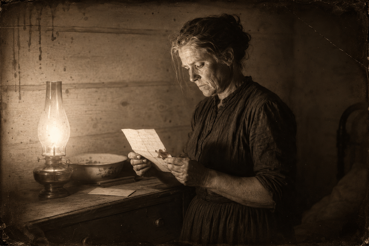 Alone in her bedroom after supper, Clara lights the lamp and opens Gus's letter, scratching at the dried blood on the corner of the folded sheet.