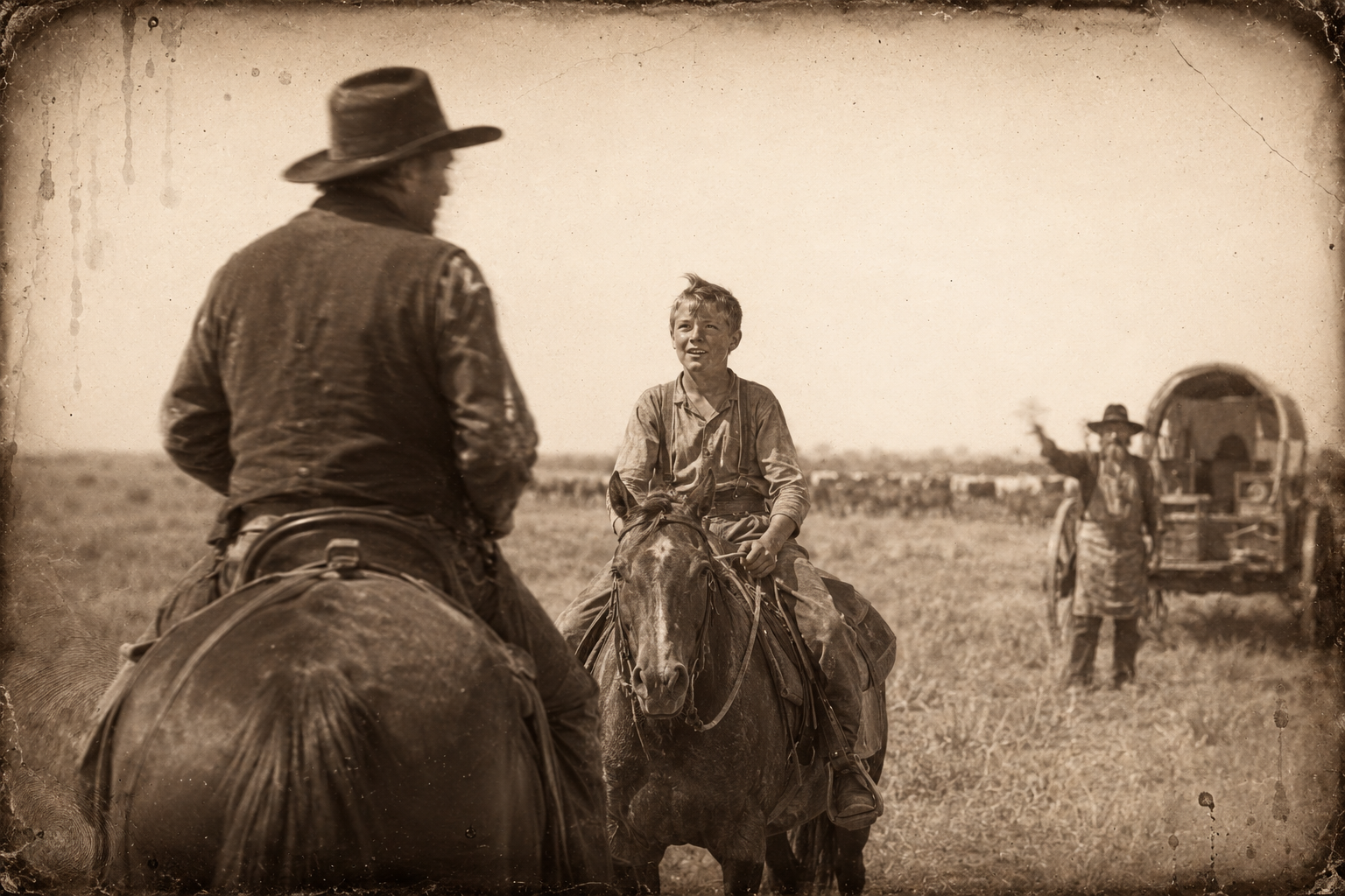 Mounted and ready to go, Wilbarger looks round at Joe and offers him a job with the outfit; the boy, thrilled, says he reckons he can't.
