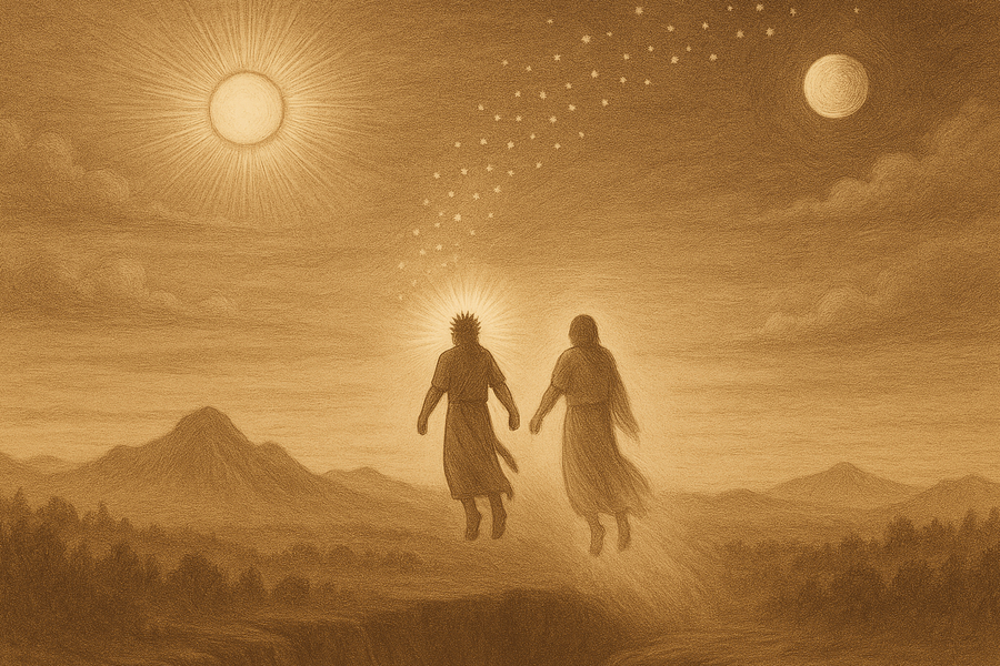 The Hero Twins rising as sun and moon above the dark world, four hundred stars trailing behind them.