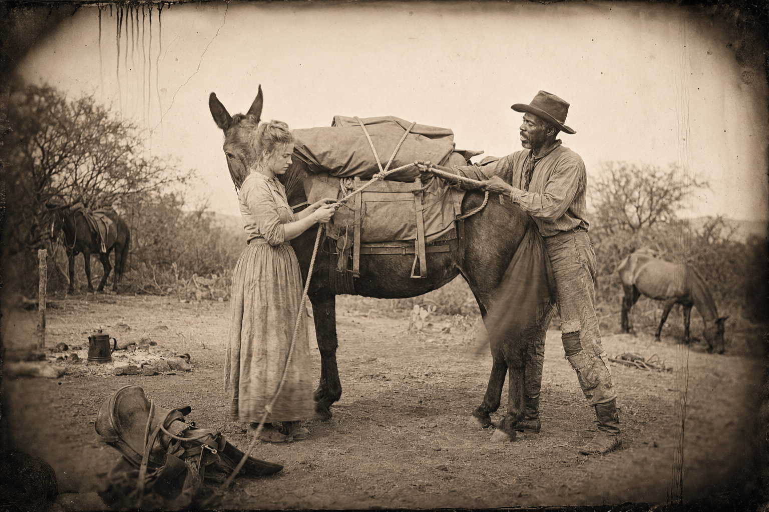 Deets, stopping by their camp as he does almost every day, shows Lorena how to pack the mule — one of the chores Jake neglects.