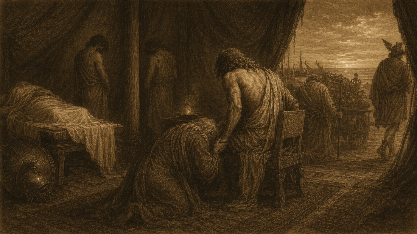 Pen-and-ink: Priam's Ransom; Hector's Funeral