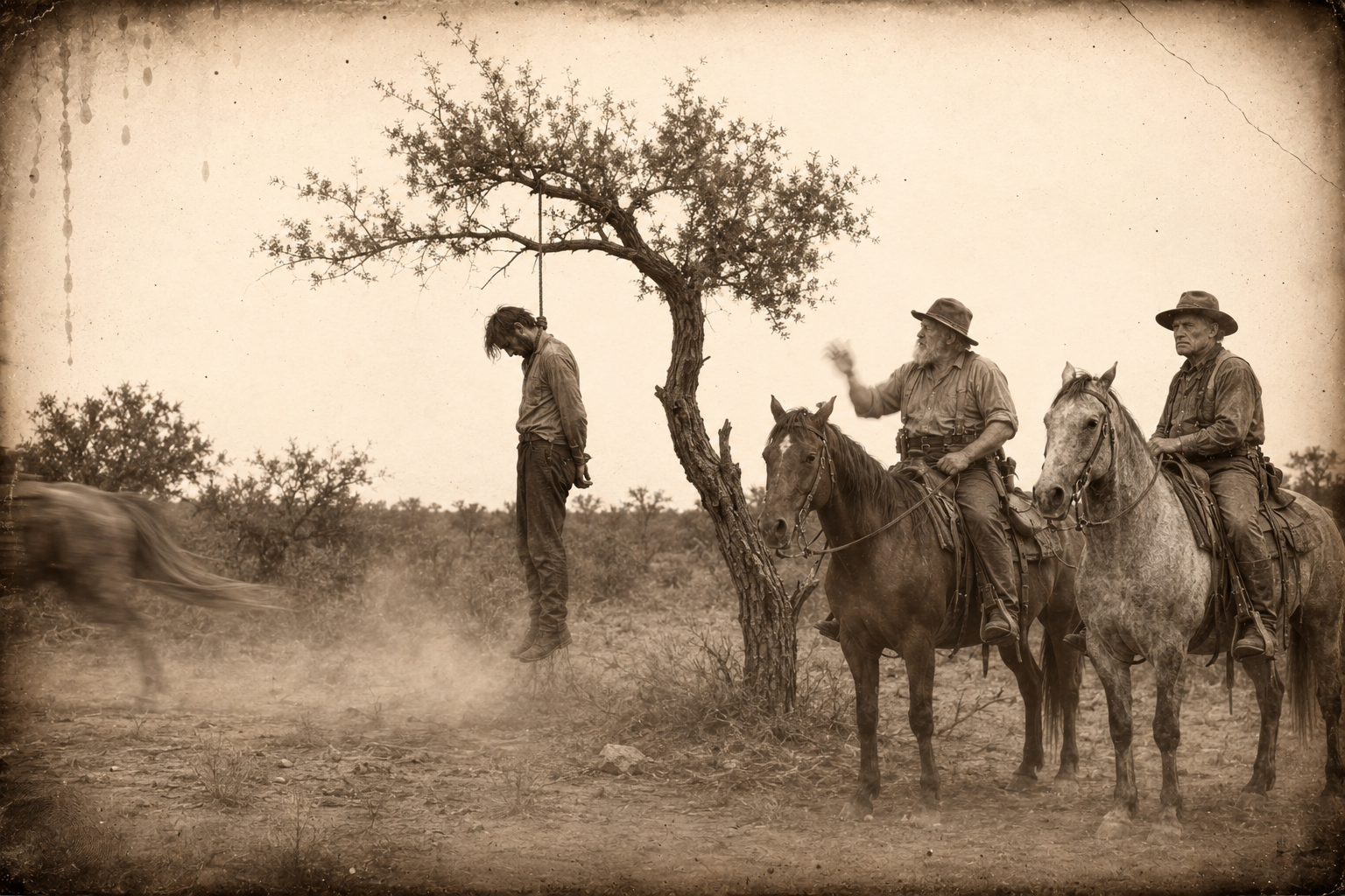 Twelve years earlier — Call and Augustus hang the horsethief Webster Witter from a mesquite so short his feet drag the ground.