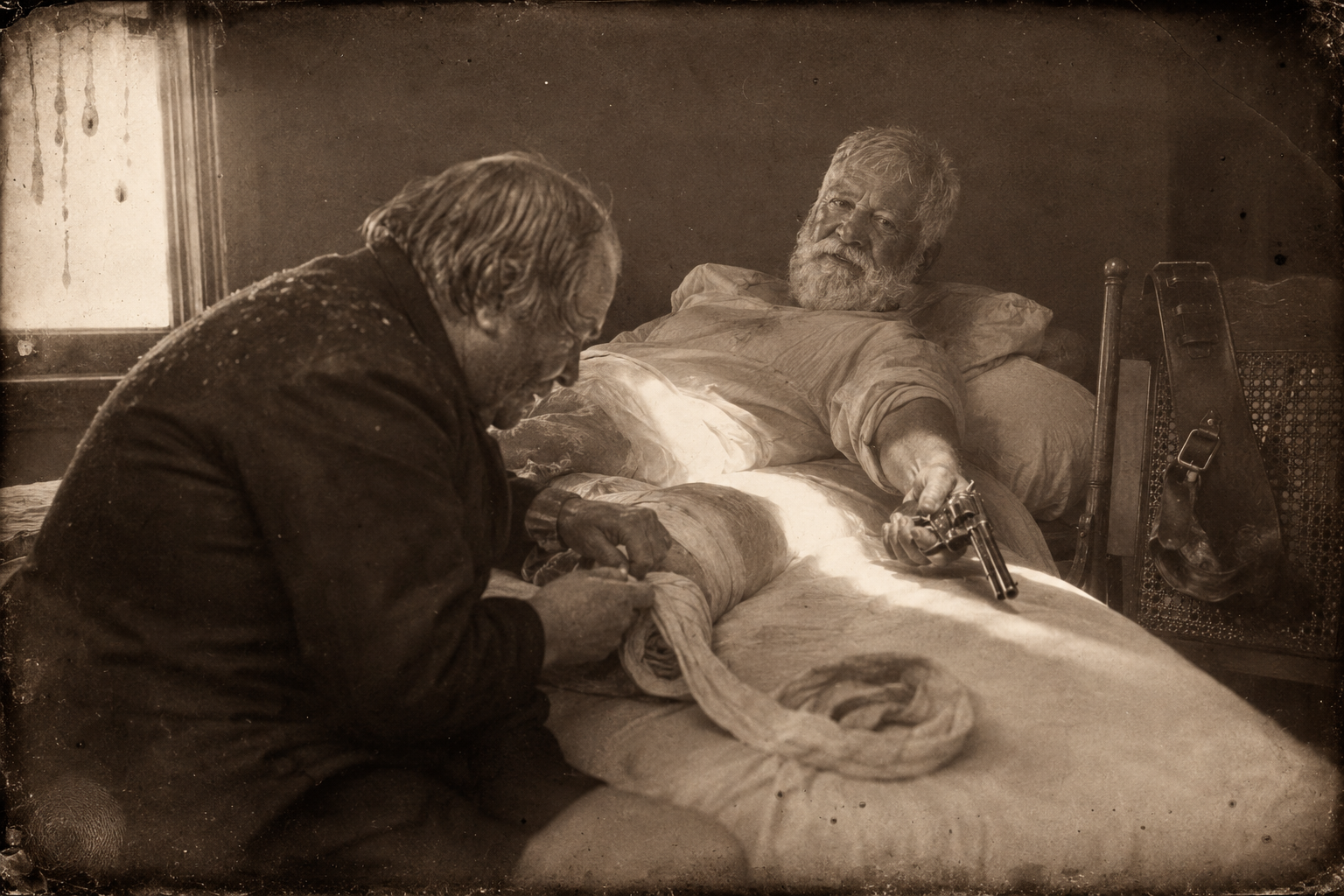 Told the right leg must come off too, Augustus takes the pistol out of the gun belt hanging on the chair while Mobley opens the bandage.