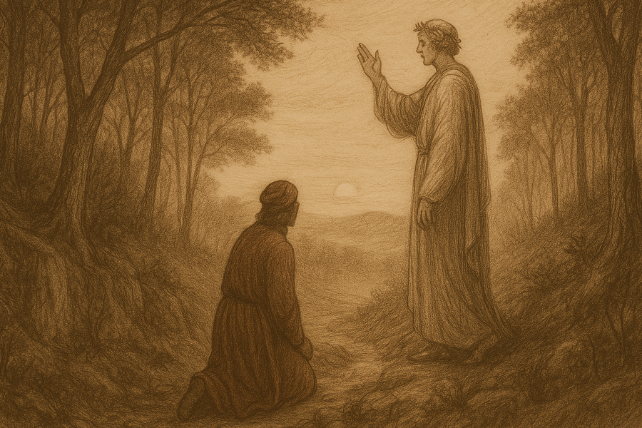The shade of Virgil in his Roman robes appearing on the wooded slope to the stricken pilgrim Dante.