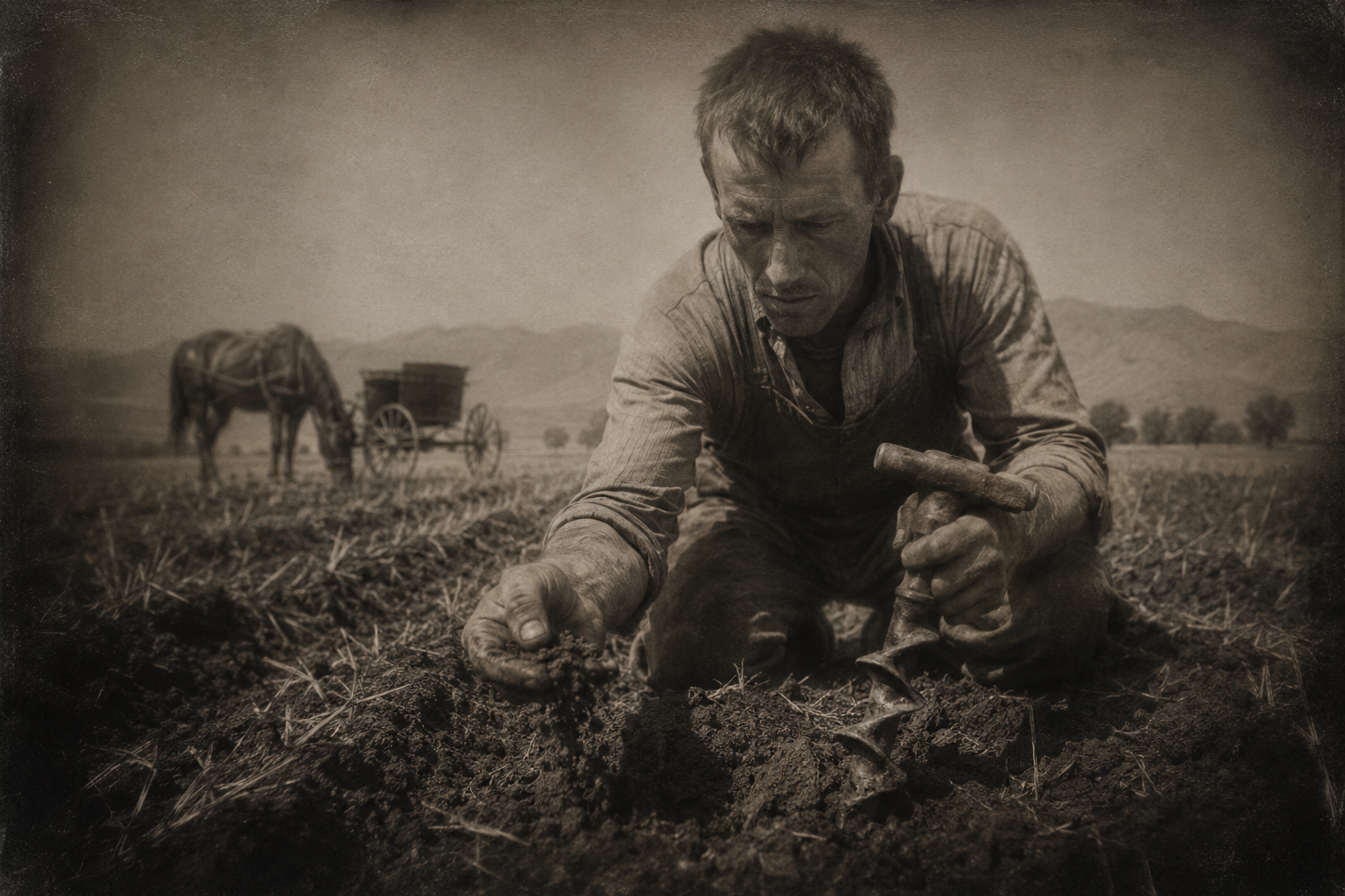Crumbling the dirt in his fingers