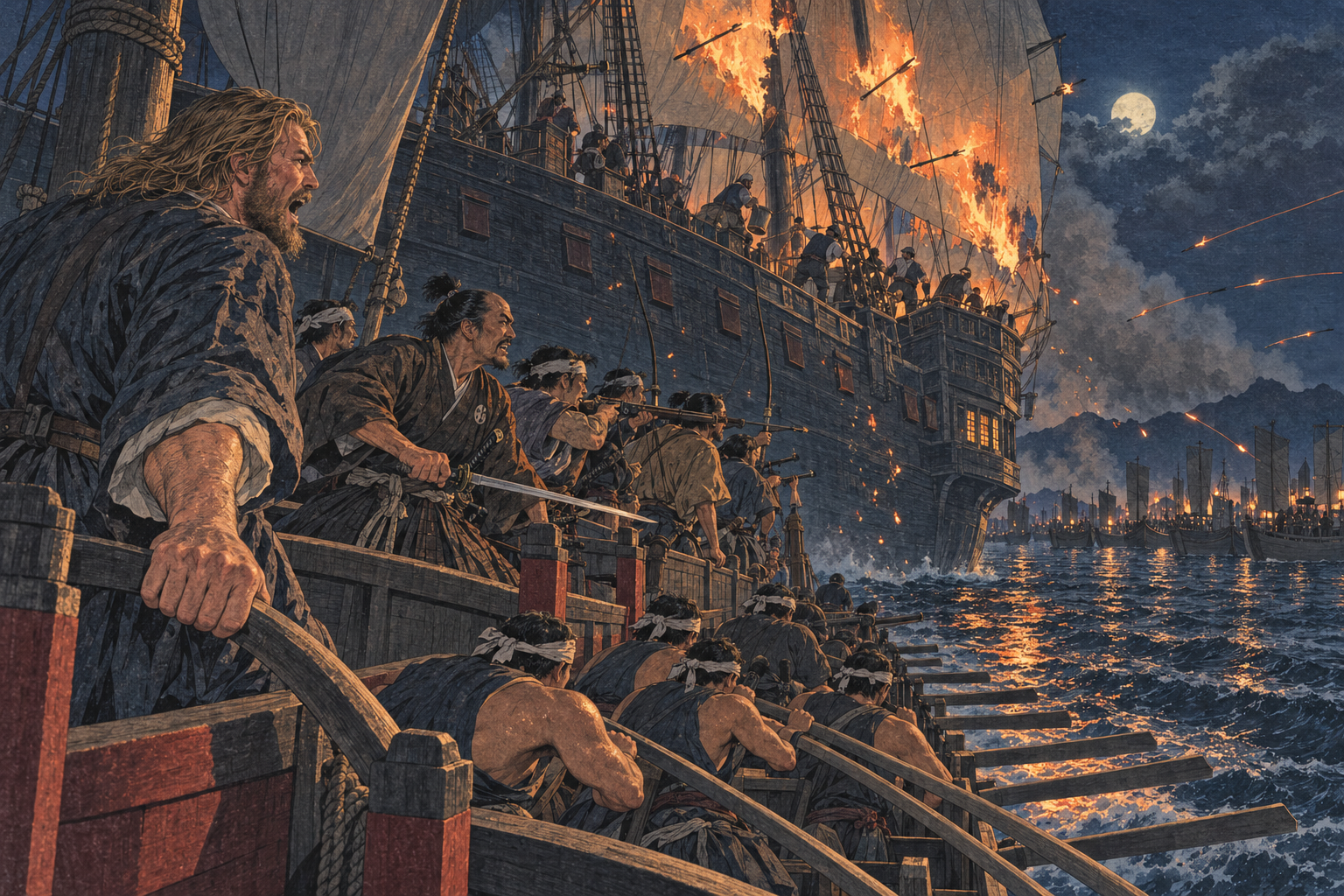 Fire arrows in the frigate's sails