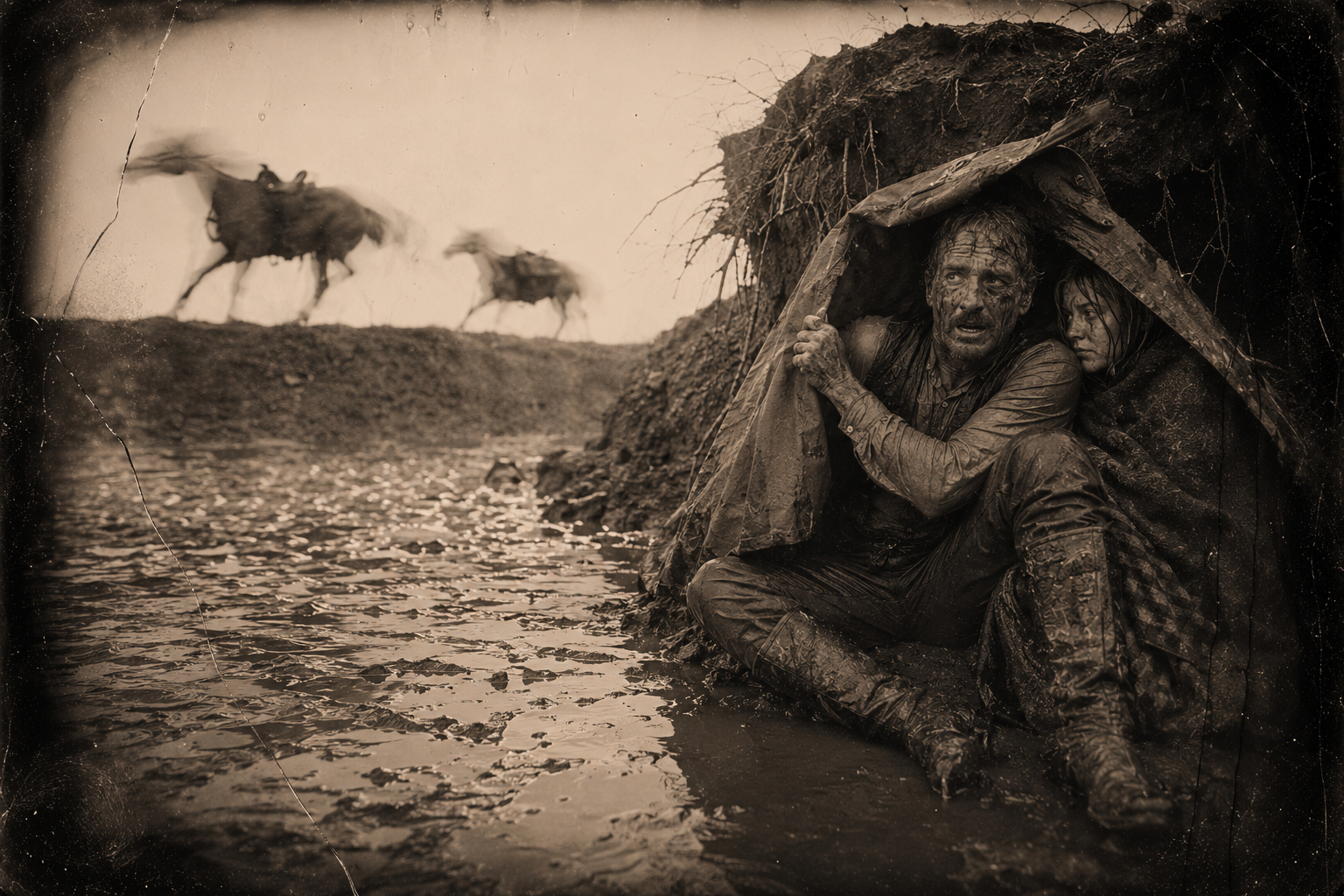 Under the little overhang of the bank beneath the muddy tarp, Jake shivering against her, every wavelet on the river lit and the hobbled horses jumping in the flash.