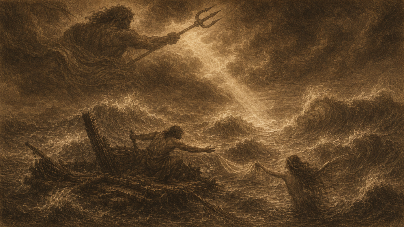Pen-and-ink: Calypso Releases Odysseus; the Raft