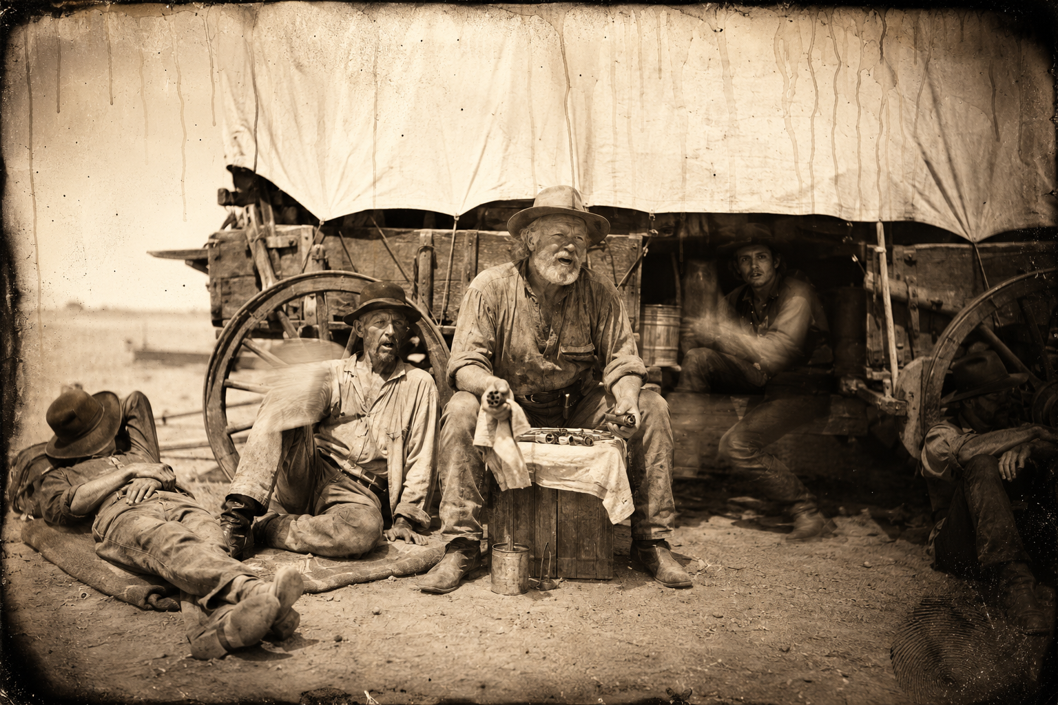 The afternoon heat at the wagon — Augustus oils his guns, Lippy fans himself with his bowler, and Dish wakes from the falling dream and cracks his head on the wagon bed.