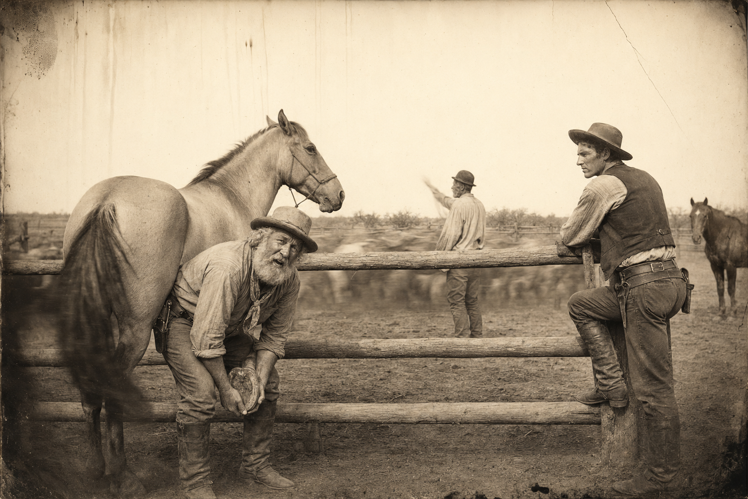 Augustus arrives with Lippy and the Captain puts him straight in charge of the horses; Dish Boggett scorns the appointment from the corral rail while Gus checks old Malaria's feet.