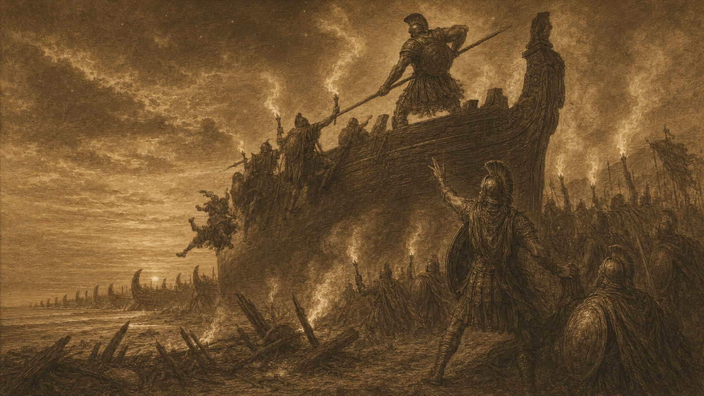 Pen-and-ink: Zeus Awakes; the Tide Returns Against the Greeks
