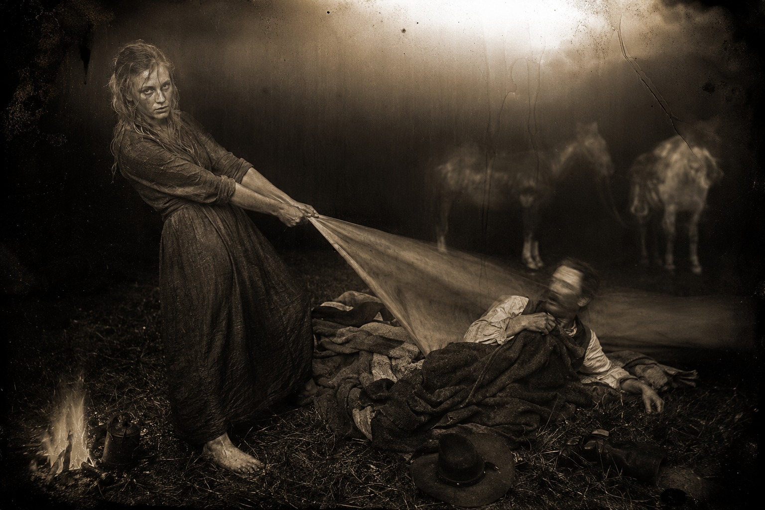 Night on the trail — rain wakes them and Lorena stumbles up alone in the dark to drag the stiff tarp over the blankets while Jake cusses the weather.